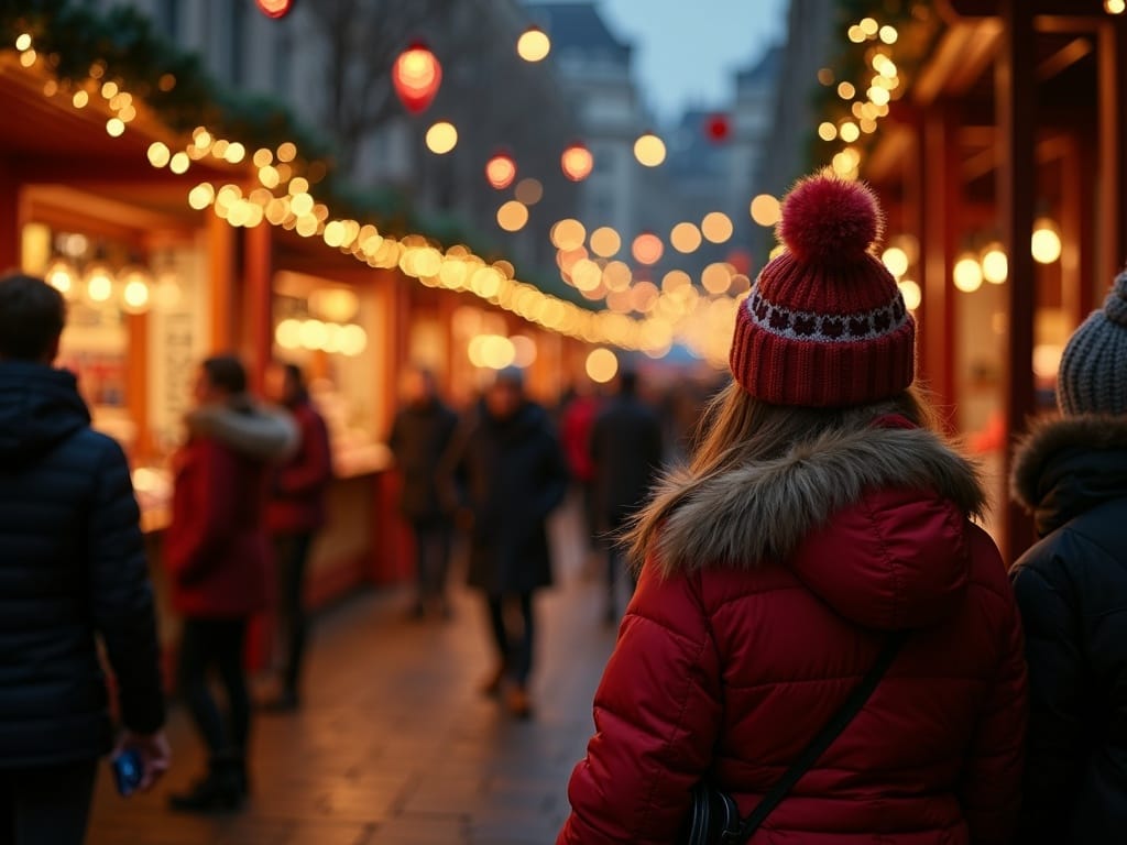 Vlaams gezin wandelt langs kraampjes op kerstmarkt in Londen met feestverlichting