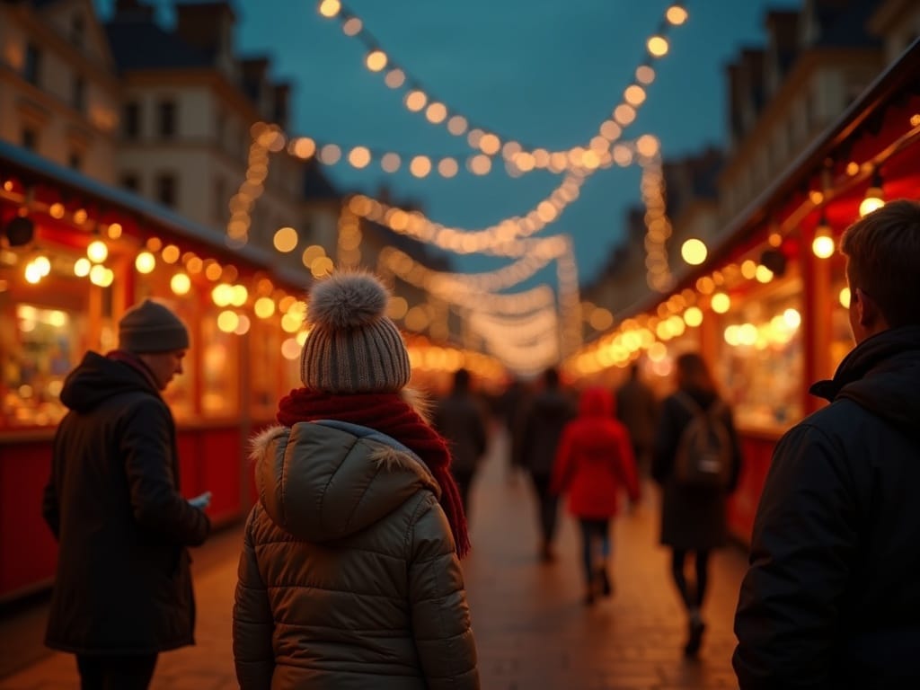 Vlaamse familie bezoekt een Londense kerstmarkt bij avondverlichting