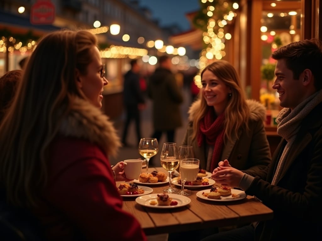 Familie bezoekt Britse kerstmarkt 's avonds met feestverlichting en kraampjes