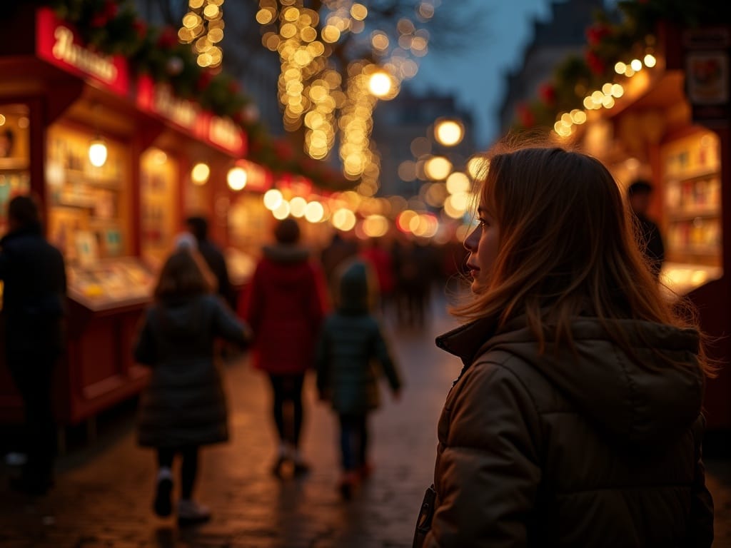 Gezin bezoekt 's avonds een kerstmarkt in Londen met lichtjes en kraampjes