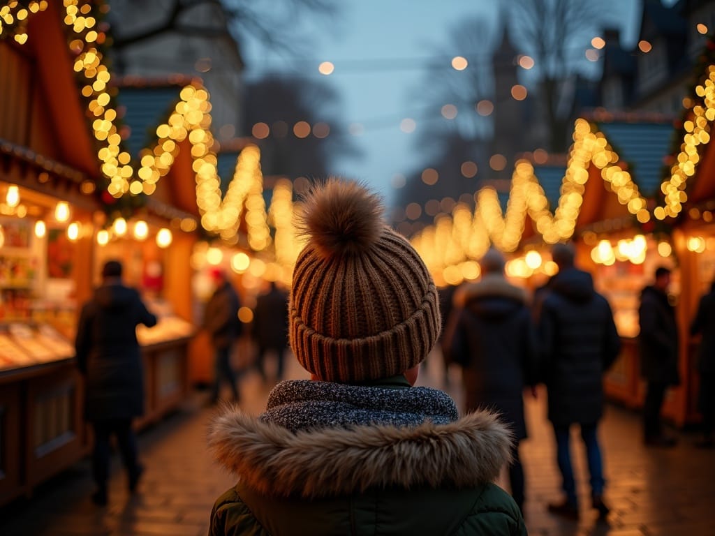 Vlaams gezin bezoekt Londense kerstmarkt bij avondlicht met feestverlichting