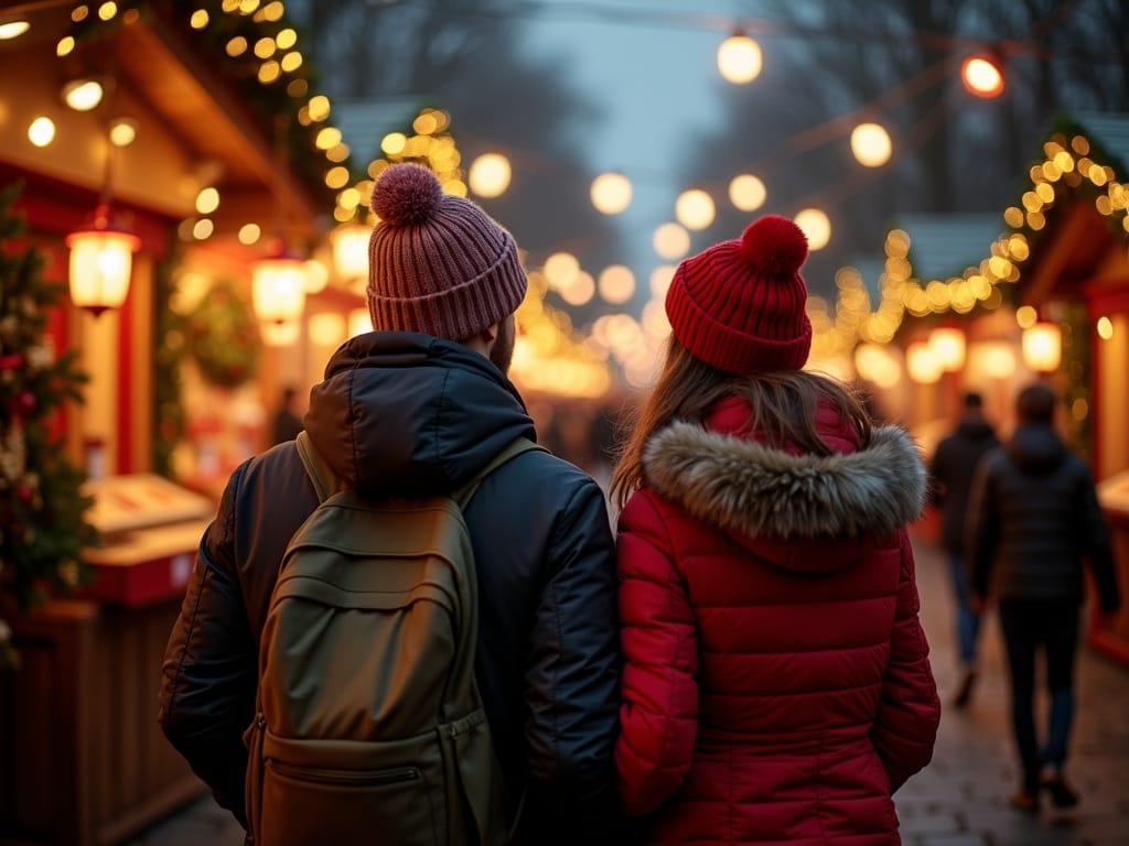 Vlaamse familie verkent Londense kerstmarkt bij avondlicht met feestelijke decoratie