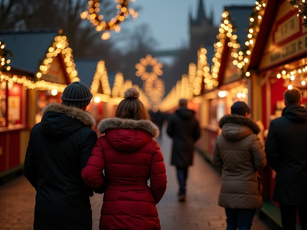 Gezin bezoekt 's avonds een kerstmarkt in Londen met feestverlichting en kraampjes