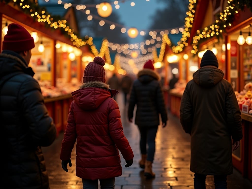 Belgisch gezin wandelt over een feestelijk verlichte kerstmarkt in het VK bij avond