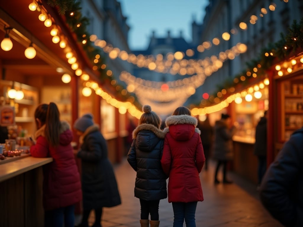 Vlaams gezin bezoekt kerstmarkt in het VK met sfeerverlichting in de avond