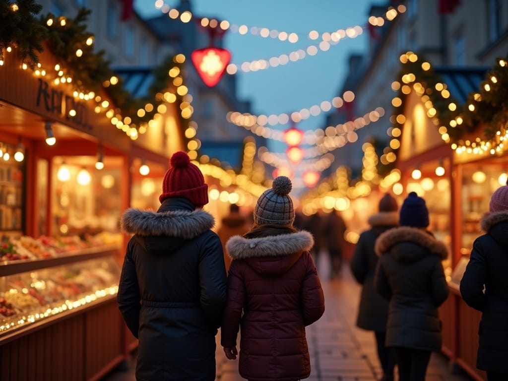 Vlaamse familie bezoekt kerstmarkt in VK met feestverlichting en winterkledij