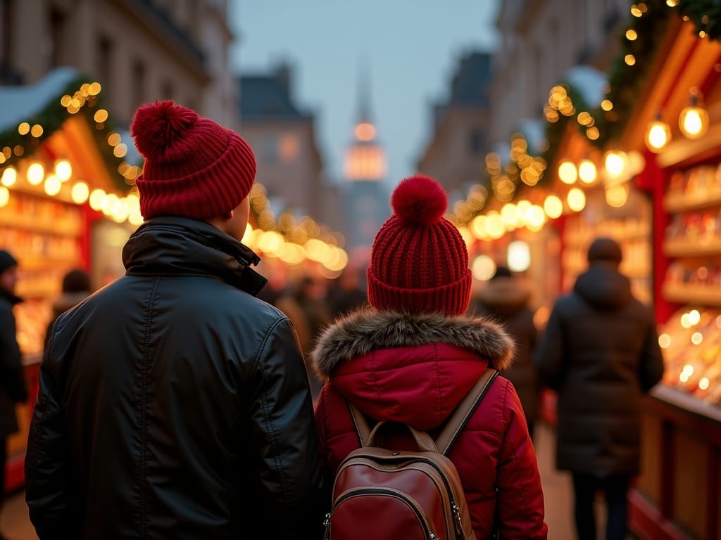 Vlaamse familie bezoekt feestelijke Britse kerstmarkt bij avondlicht
