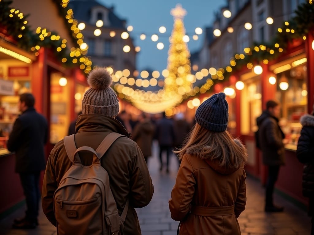 Vlaams gezin geniet van kerstmarkt in het Verenigd Koninkrijk met kleurrijke lichtjes