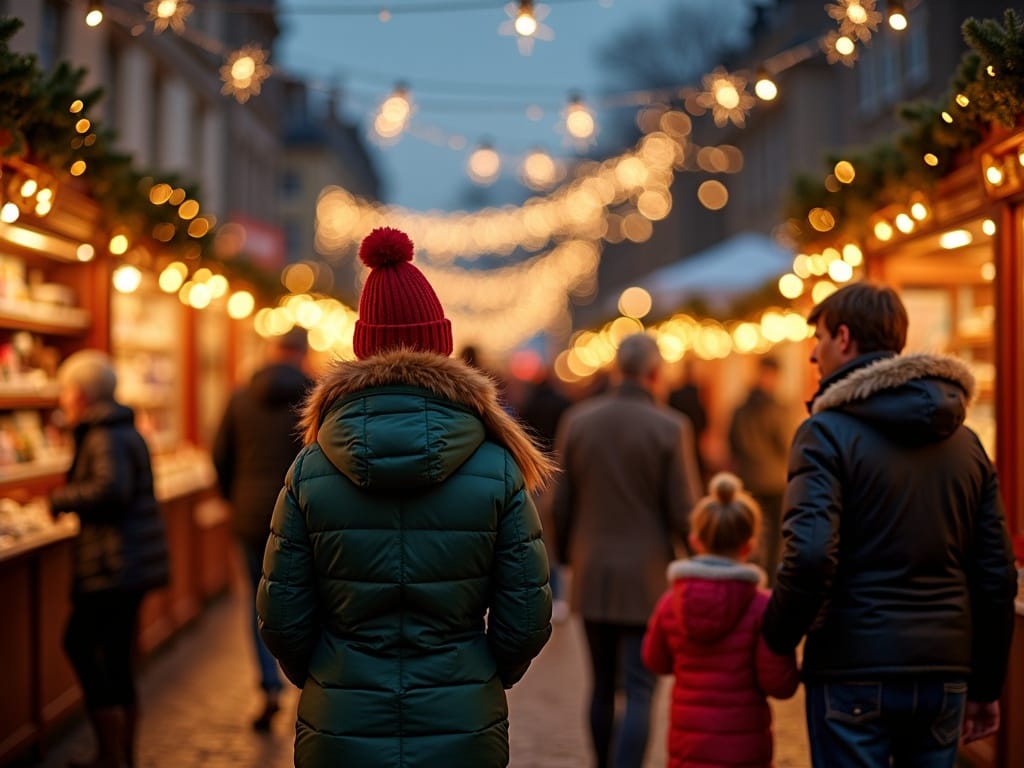 Gezin bezoekt Britse kerstmarkt met feestverlichting in de avond
