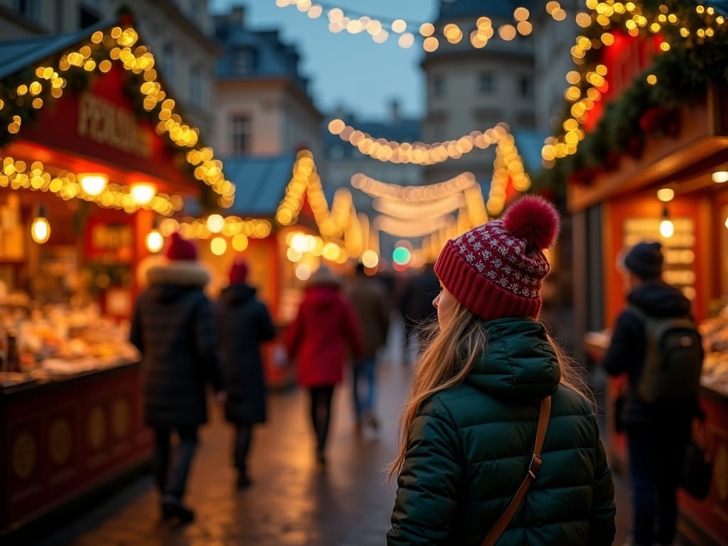 Gezin bezoekt een sfeervolle Britse kerstmarkt met lichtjes en kerstdecoraties