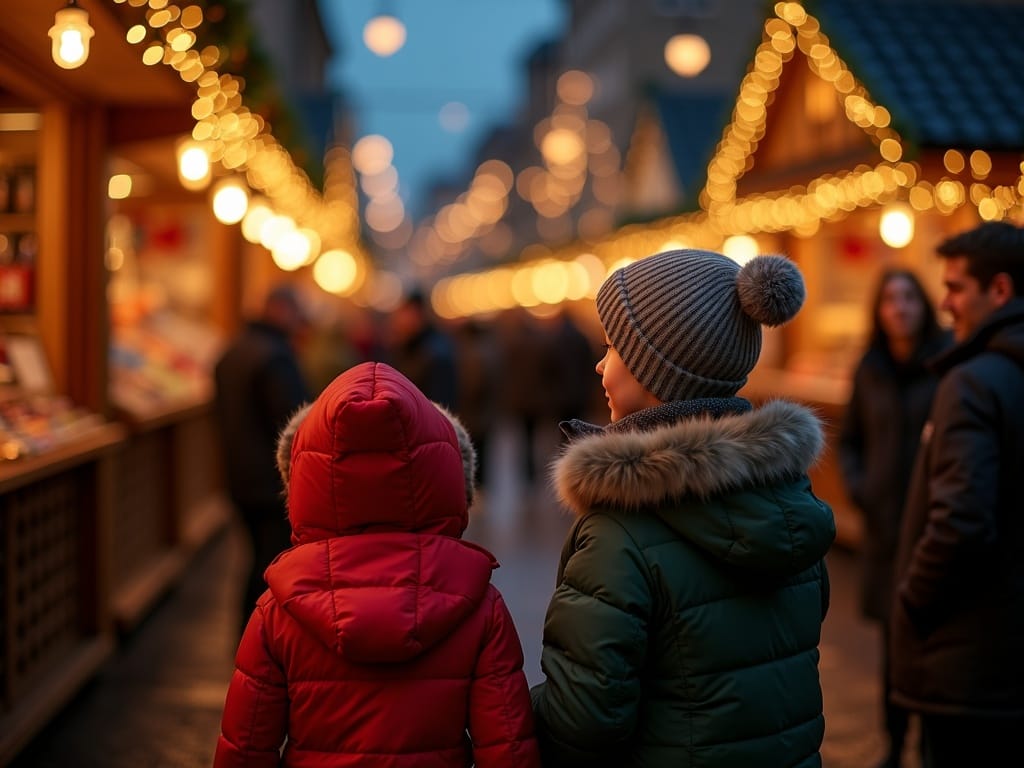 Gezin bezoekt Britse kerstmarkt met lichtjes en decoraties in rode, groene en gouden tinten