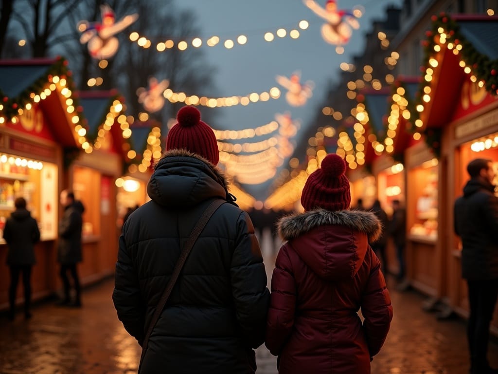 Vlaamse familie verkent gezellige Britse kerstmarkt bij avond, omgeven door feestelijke verlichting