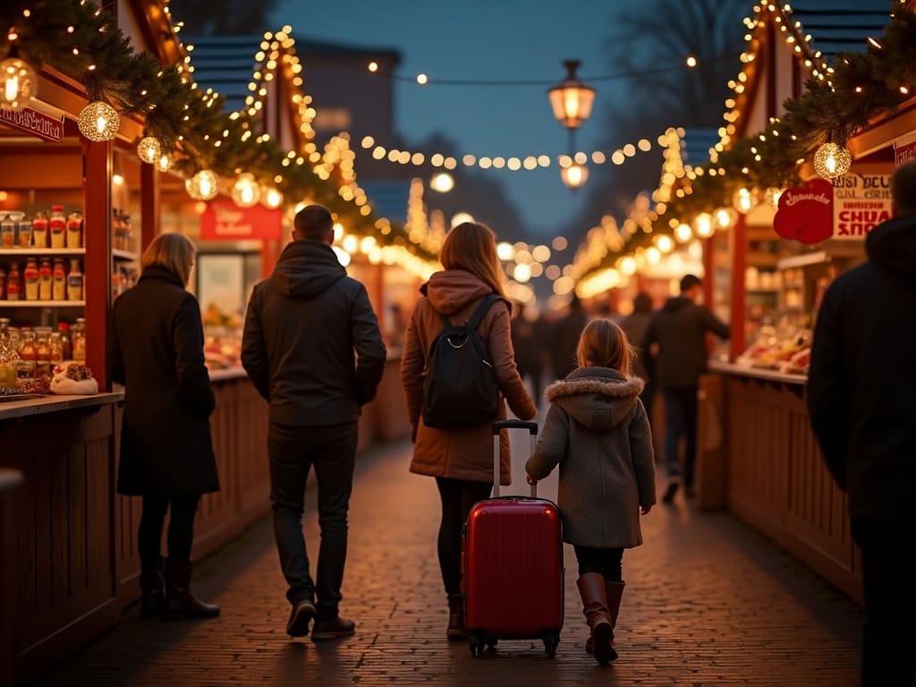 Gezin wandelt langs verlichte kramen op een Britse kerstmarkt 's avonds